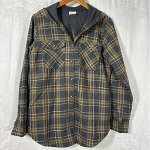Columbia Shacket Large Gray Plaid Wool Blend Hood Pockets Shirt Jacket